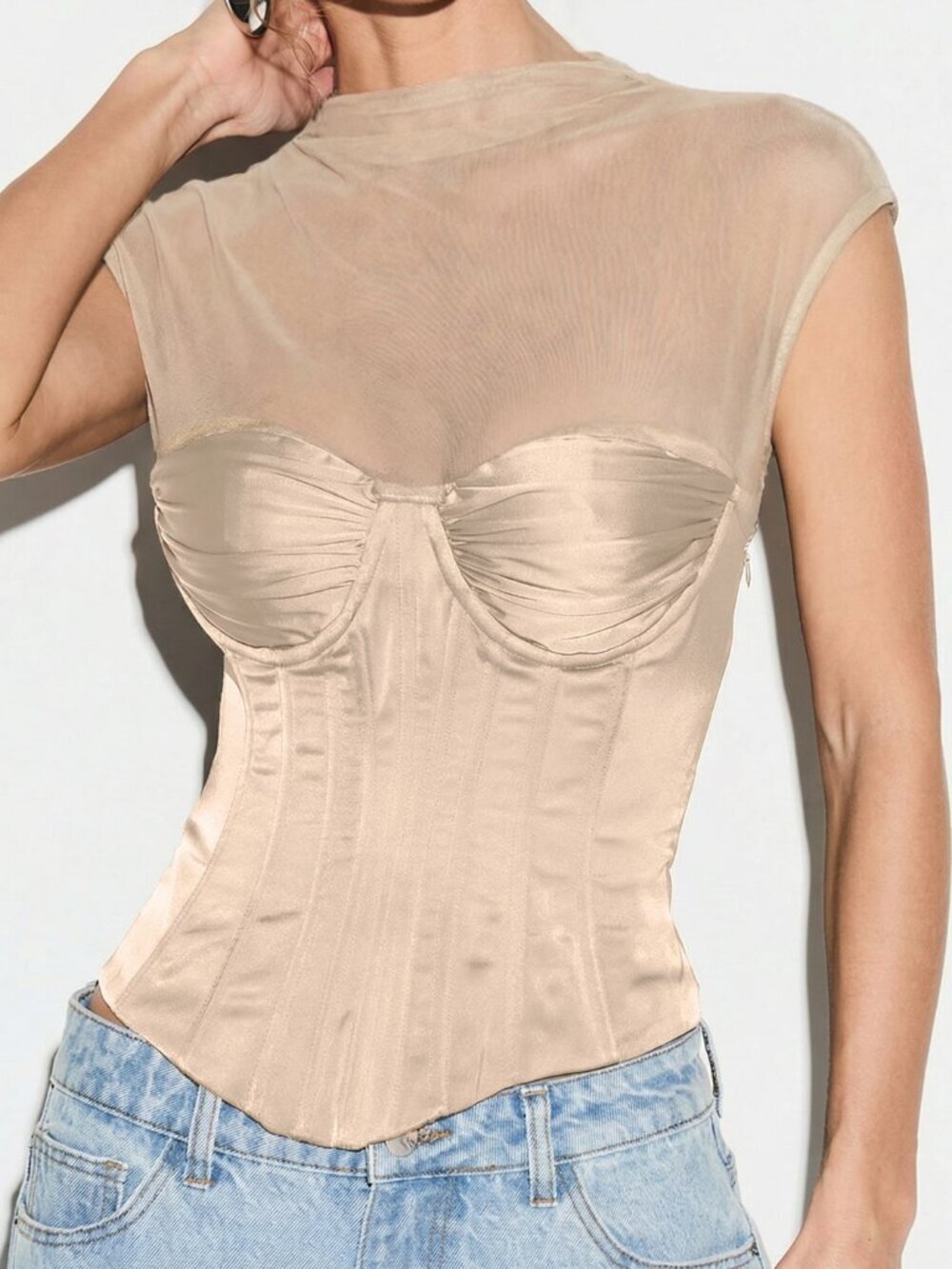 Cream Elegant Women's Bustier Corset Tank Top Sheer Mesh Sleeves - Picture 1 of 5